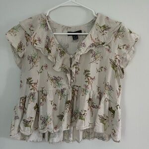 Primark Floral Ruffle Detail Peplum Short Blouse Linen Blend Top Size 4 Boho